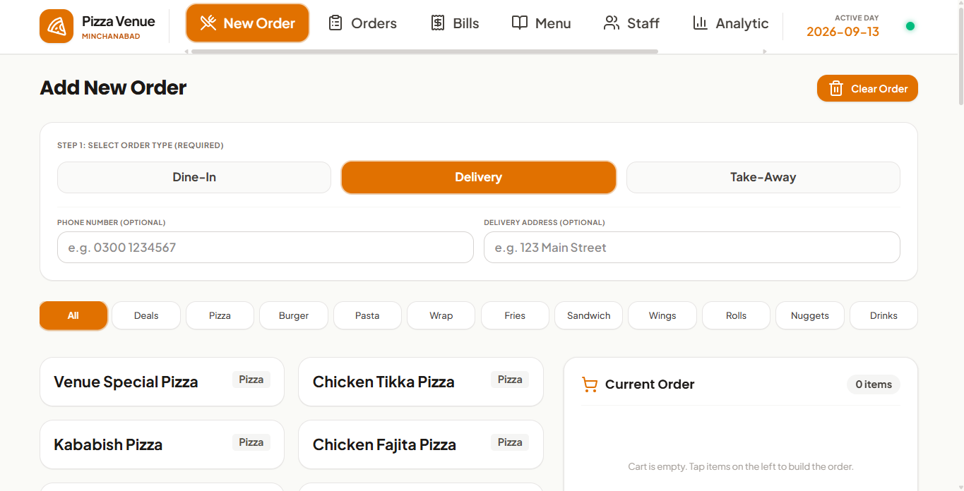 Pizza Venue POS new order screen